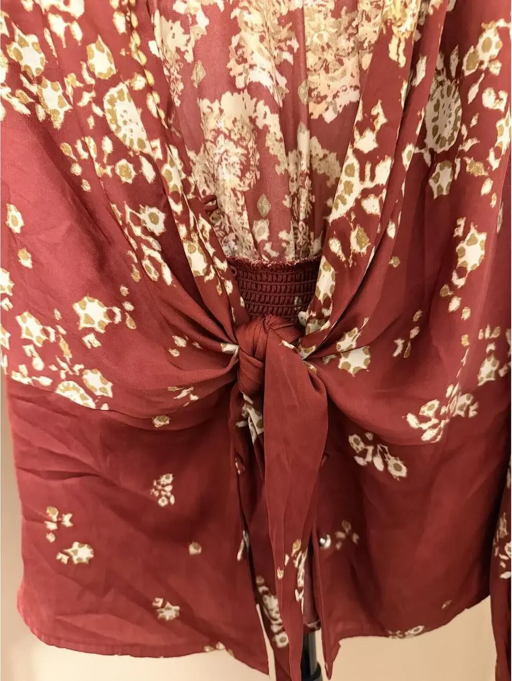 Free People Boho Tie Front Blouse Women’s XS Burgundy Floral Long Sleeve Top